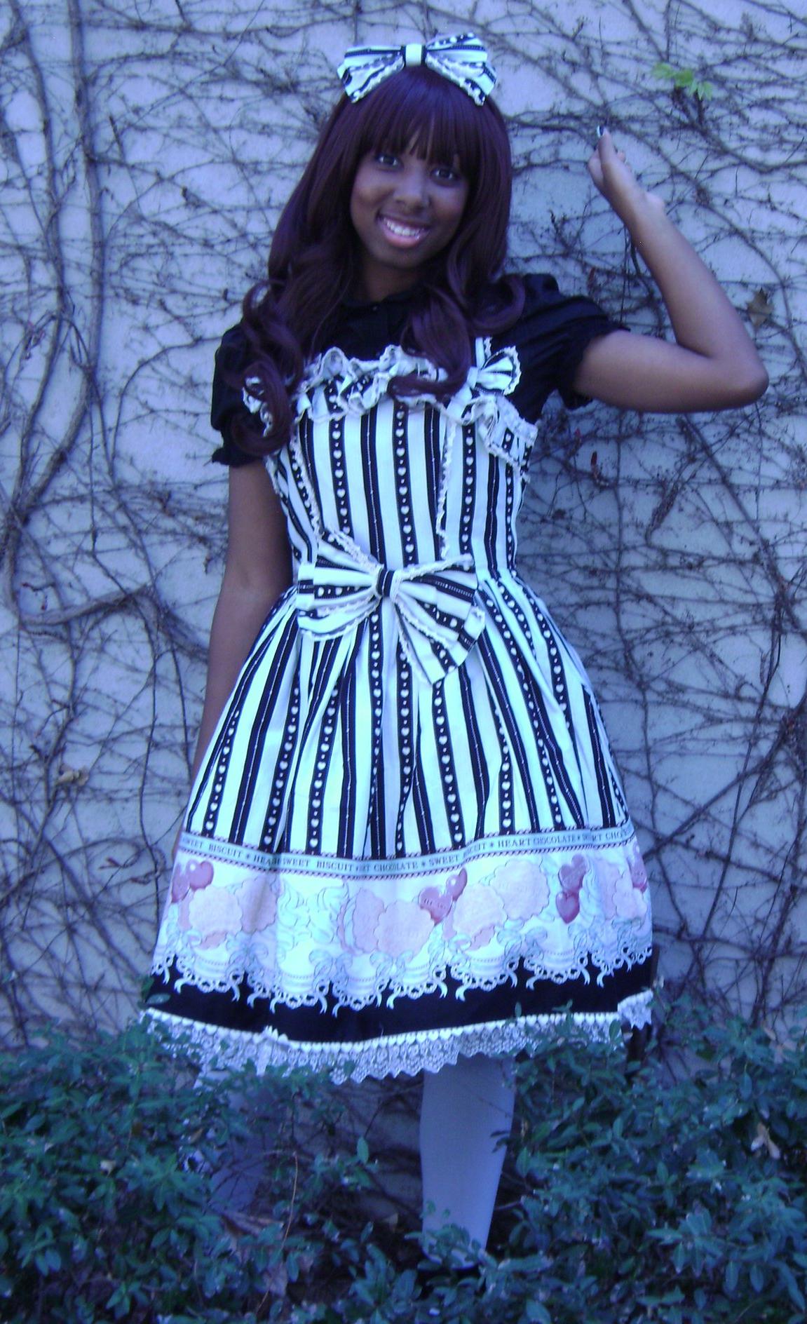 Brunette Black Lolita wearing White Opaque Pantyhose and Colored Dress